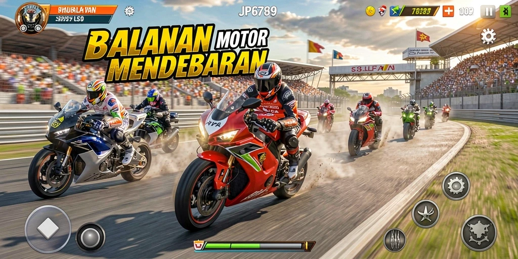 Tangkapan layar gameplay <strong>JP6789</strong> menampilkan balapan motor yang cepat dan seru.