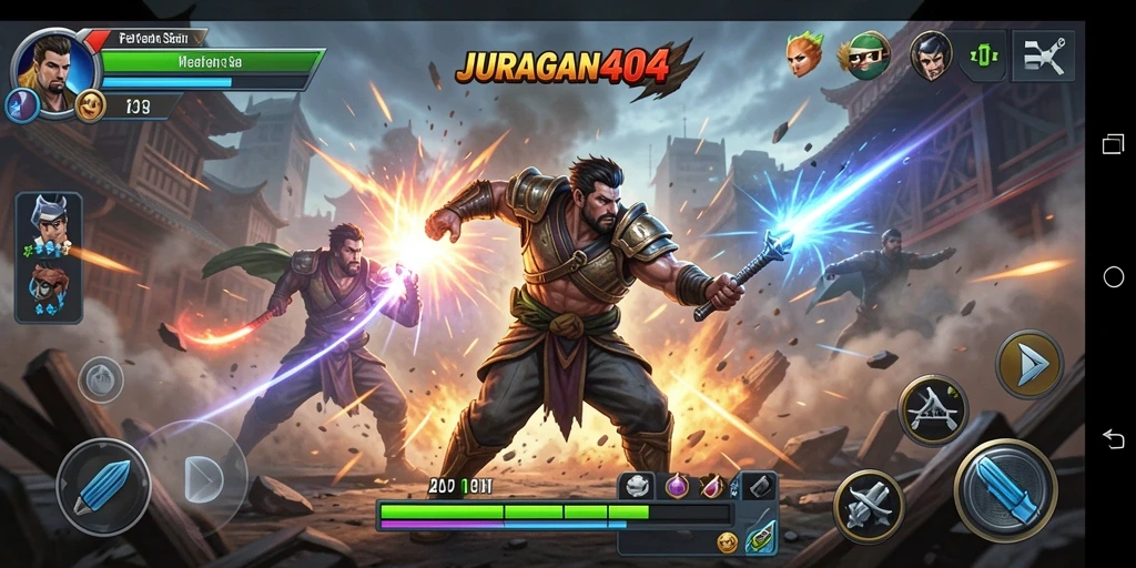 Screenshot utama JURAGAN404 menampilkan pertarungan seru antara karakter pemain dan musuh.