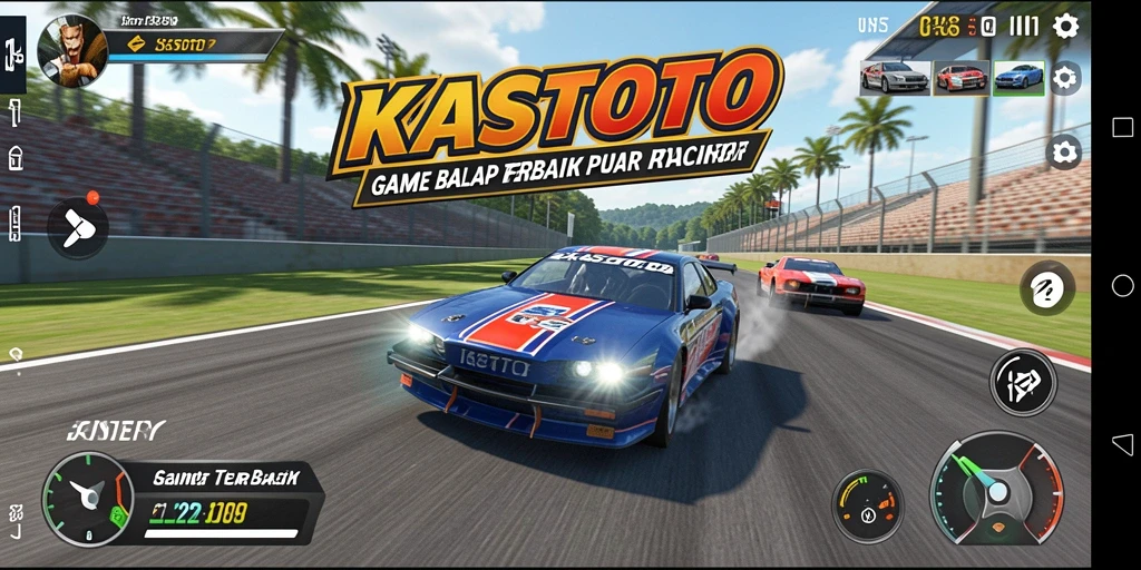 Gameplay seru KASTOTO dengan mobil balap di trek penuh tantangan.