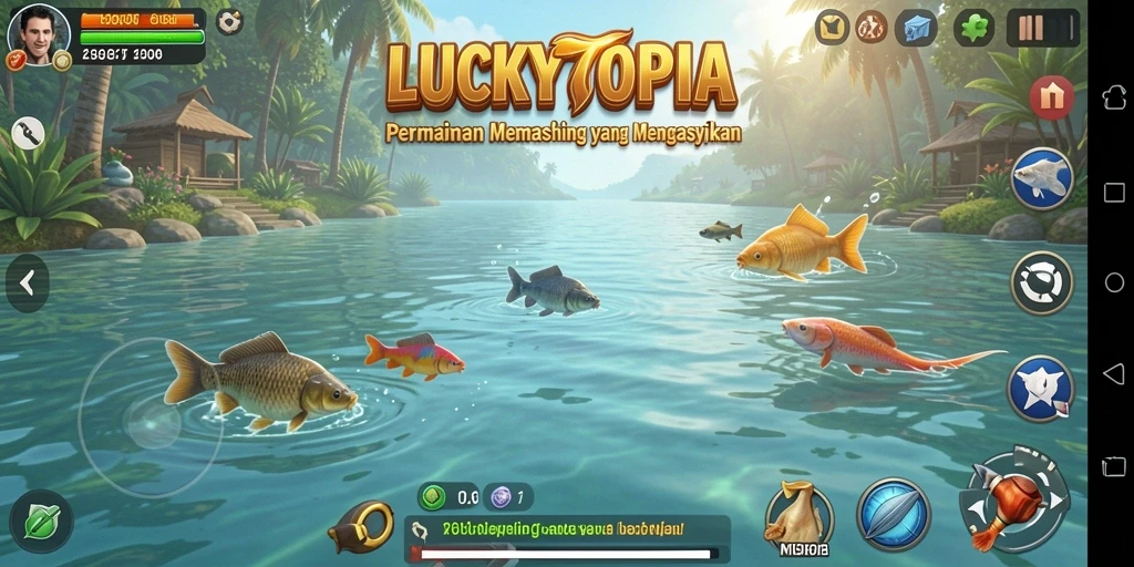 Screenshot gameplay LUCKYTOPIA yang menunjukkan pengalaman memancing yang seru.